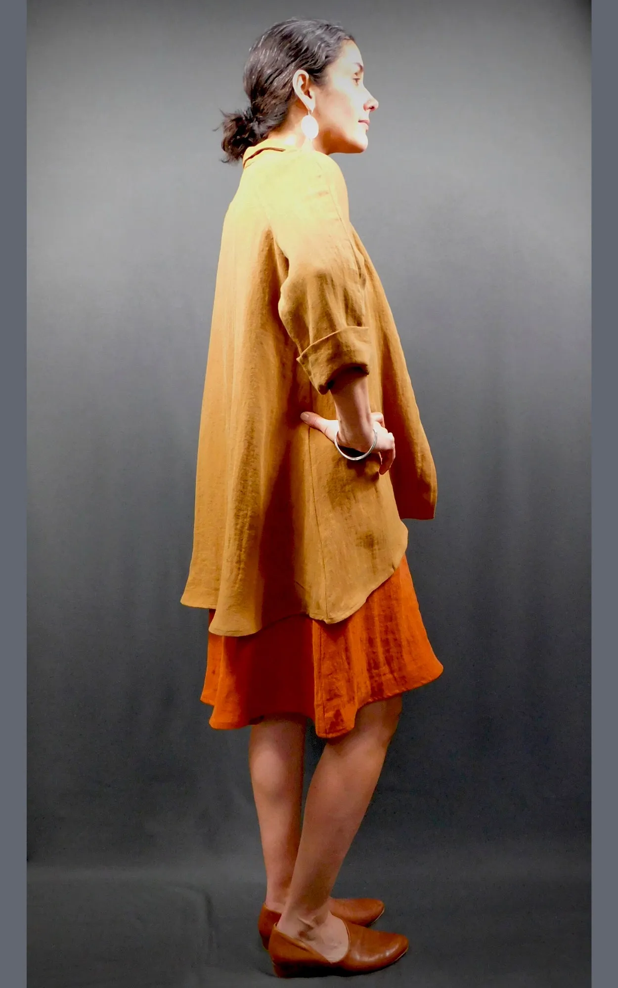 100% LINEN - Raglan 3/4 Sleeve Open Long Shirt Jacket - Caramel