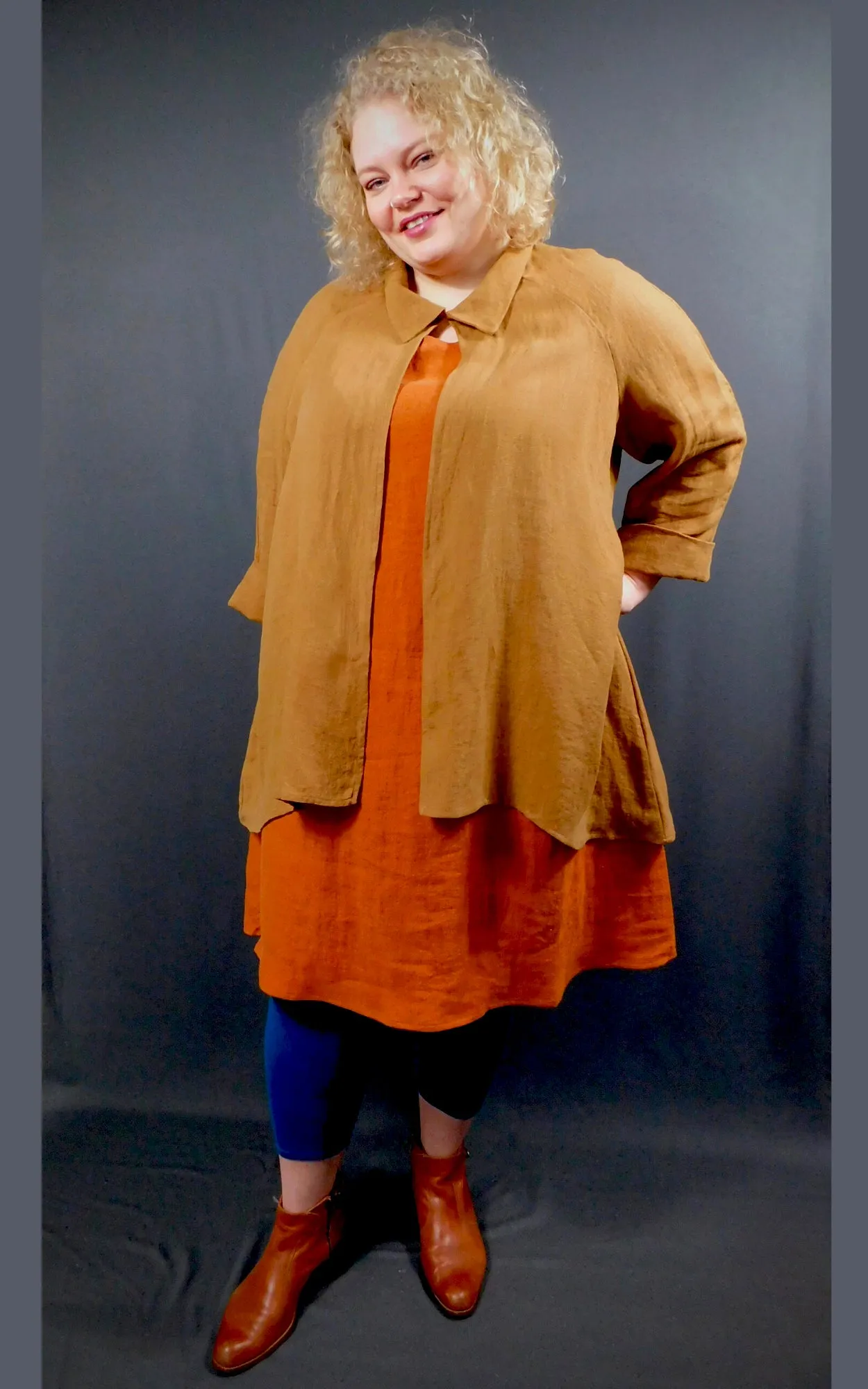 100% LINEN - Raglan 3/4 Sleeve Open Long Shirt Jacket - Caramel
