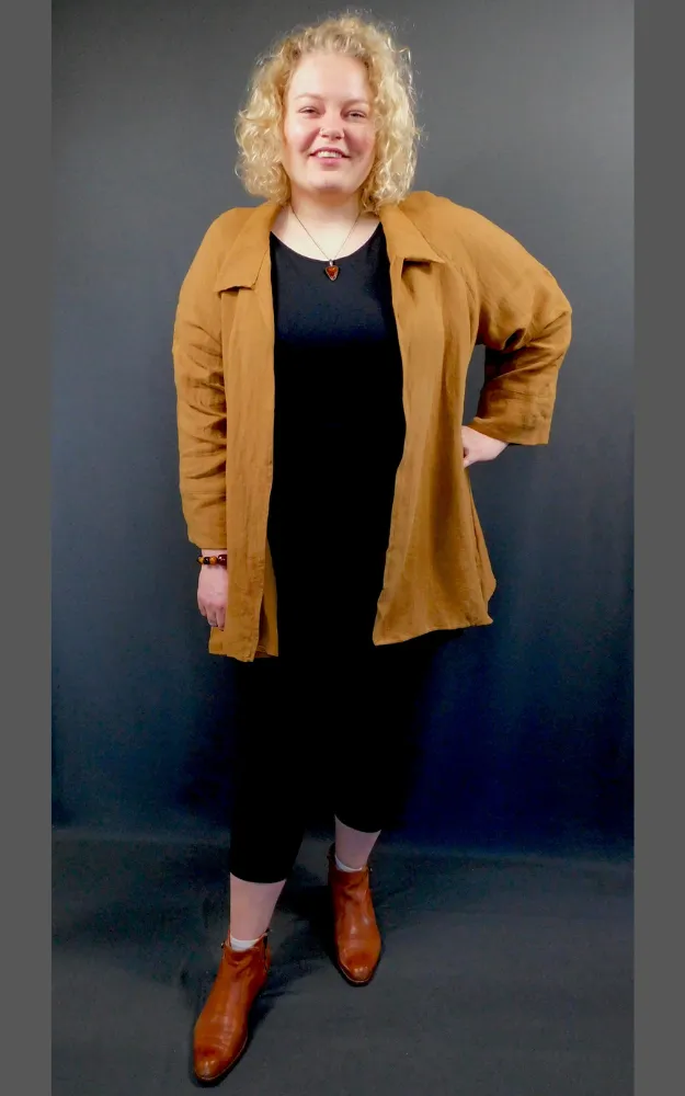 100% LINEN - Raglan 3/4 Sleeve Open Long Shirt Jacket - Caramel