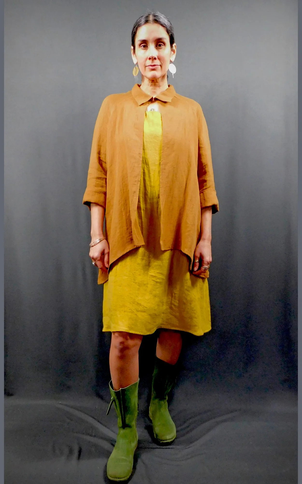 100% LINEN - Raglan 3/4 Sleeve Open Long Shirt Jacket - Caramel