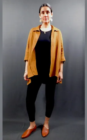 100% LINEN - Raglan 3/4 Sleeve Open Long Shirt Jacket - Caramel