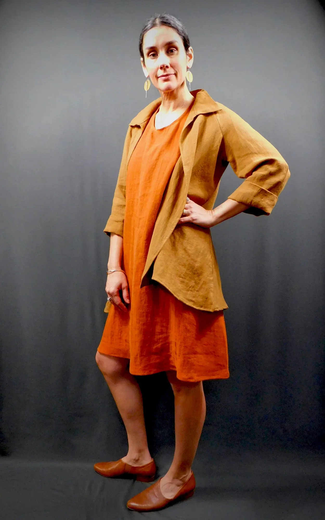 100% LINEN - Raglan 3/4 Sleeve Open Long Shirt Jacket - Caramel