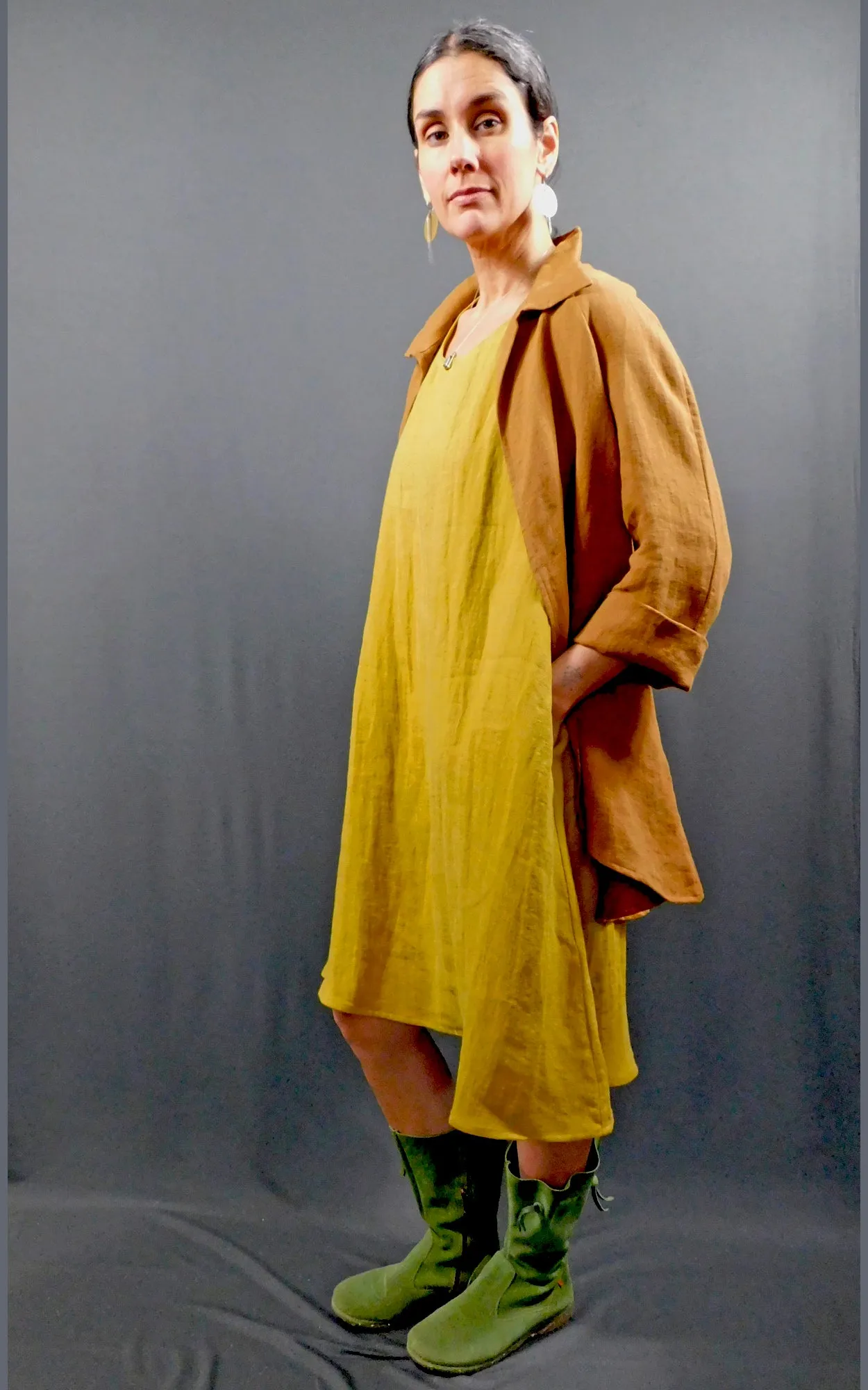 100% LINEN - Raglan 3/4 Sleeve Open Long Shirt Jacket - Caramel