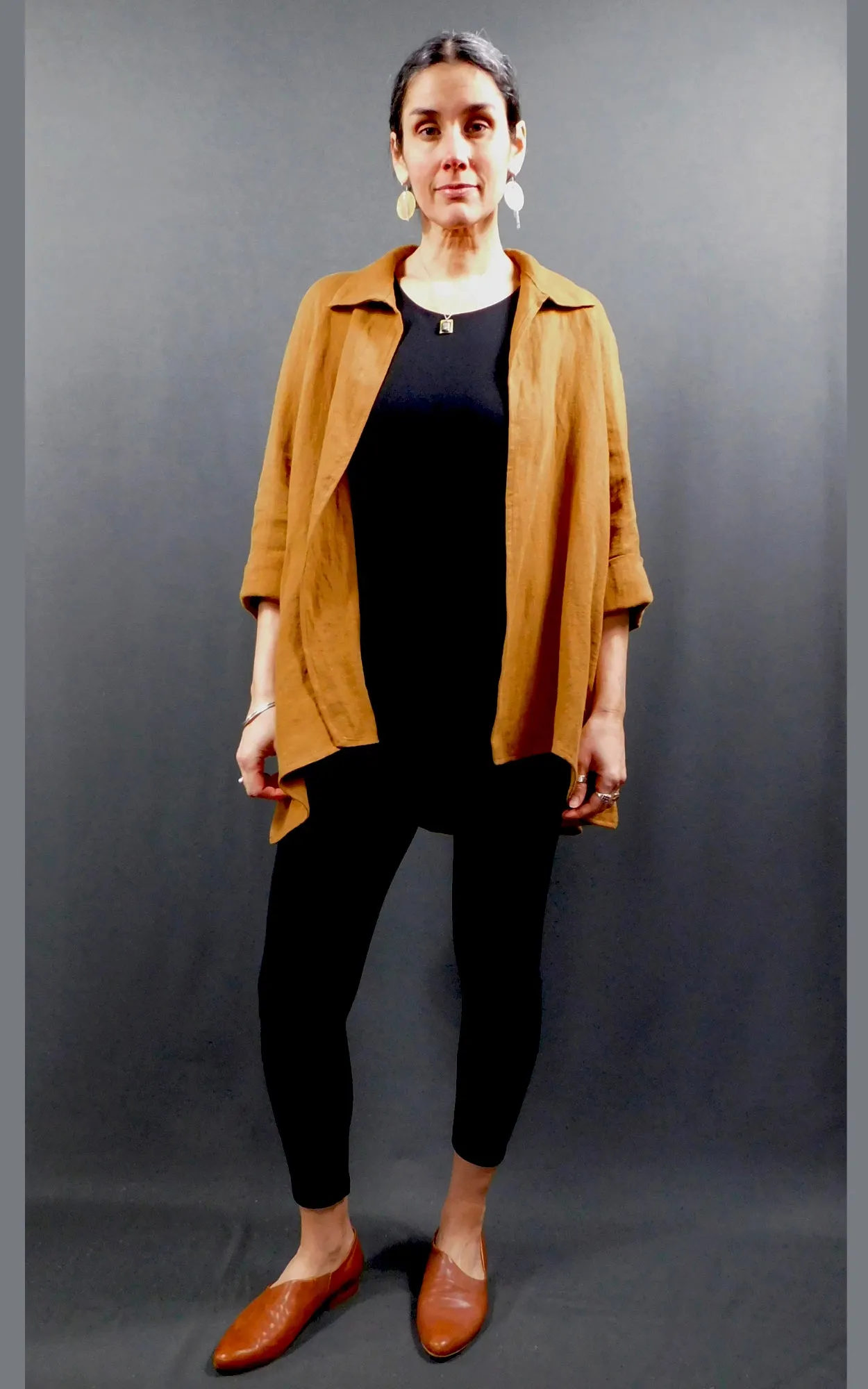 100% LINEN - Raglan 3/4 Sleeve Open Long Shirt Jacket - Caramel