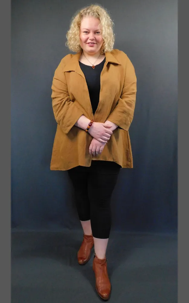100% LINEN - Raglan 3/4 Sleeve Open Long Shirt Jacket - Caramel