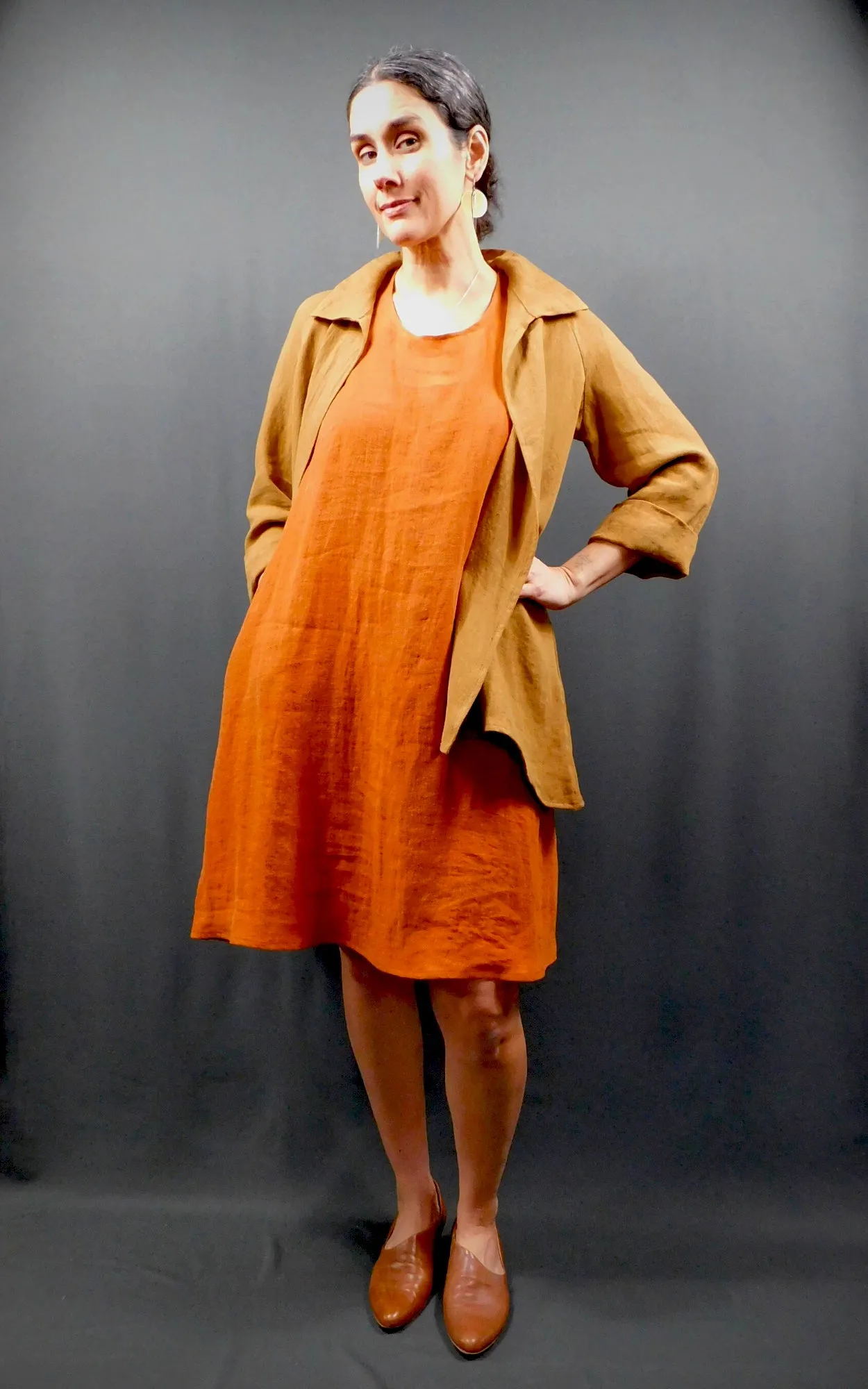 100% LINEN - Raglan 3/4 Sleeve Open Long Shirt Jacket - Caramel