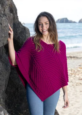 Aran Merino Wool V Poncho | Raspberry