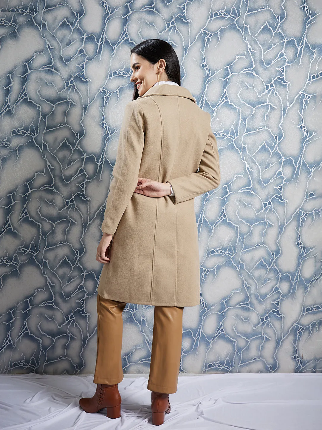 Athena Beige Notched Lapel Collar Woollen Single Breasted Trench Coat