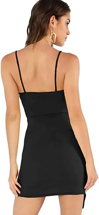 Baby Blue Women's Ruched Asymmetrical Deep V Neck Sleeveless Bodycon Tank Dress - Verdusa