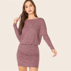 Batwing Sleeve Rib-knit Mini Dress