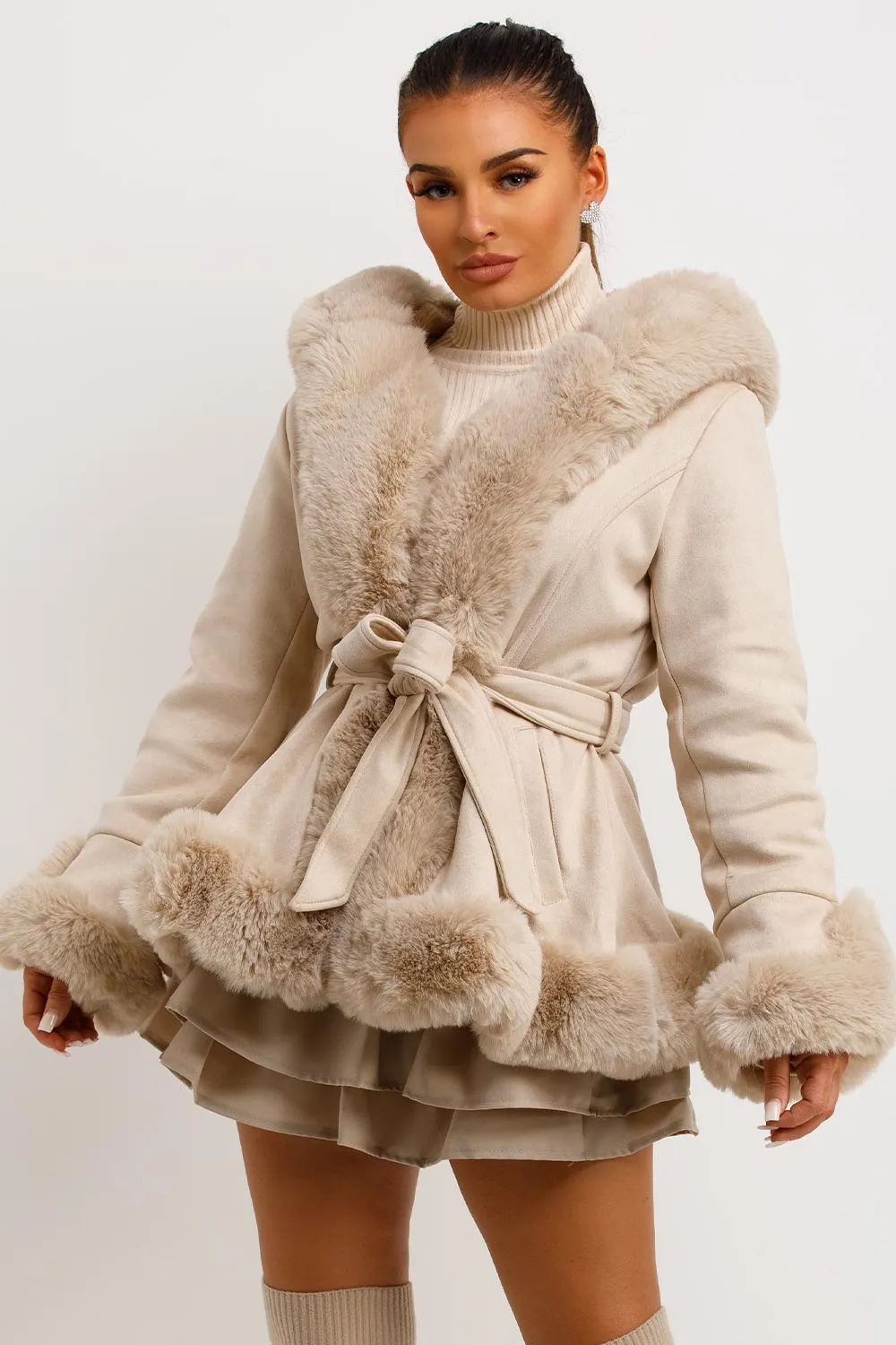 Beige Faux Fur Faux Suede Hooded Belted Coat