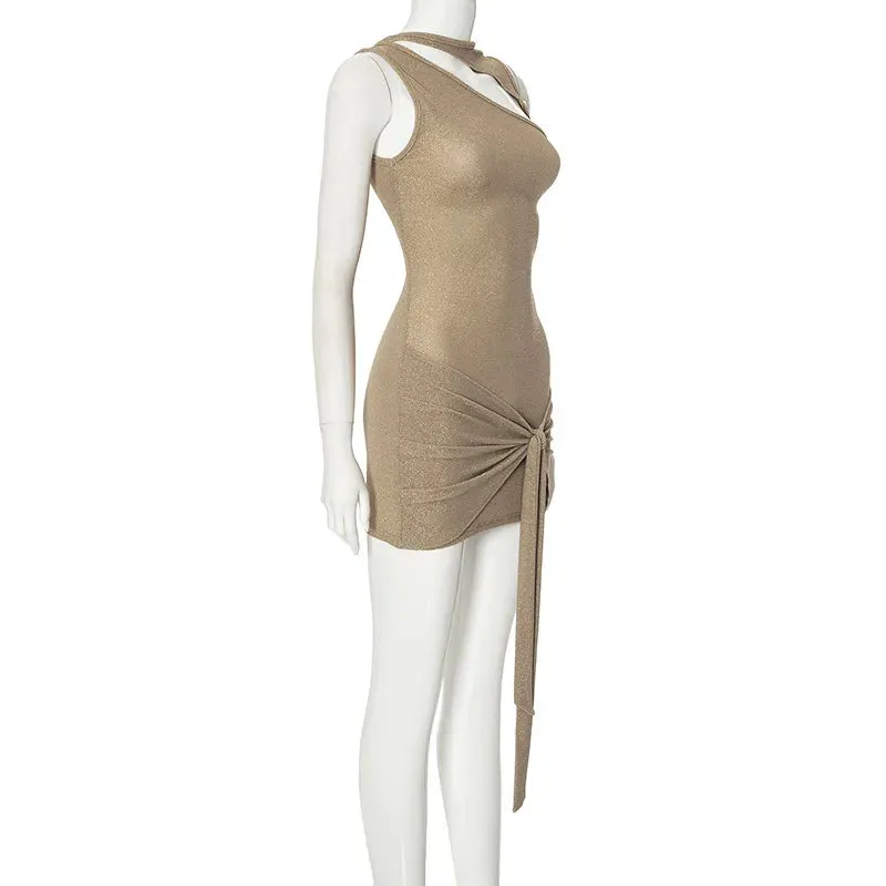 Beige Sequin Wrap Mini Dress