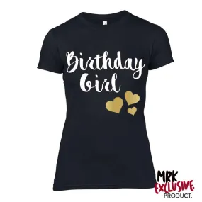 Birthday Girl Gold Hearts Black Tee (MRK X)