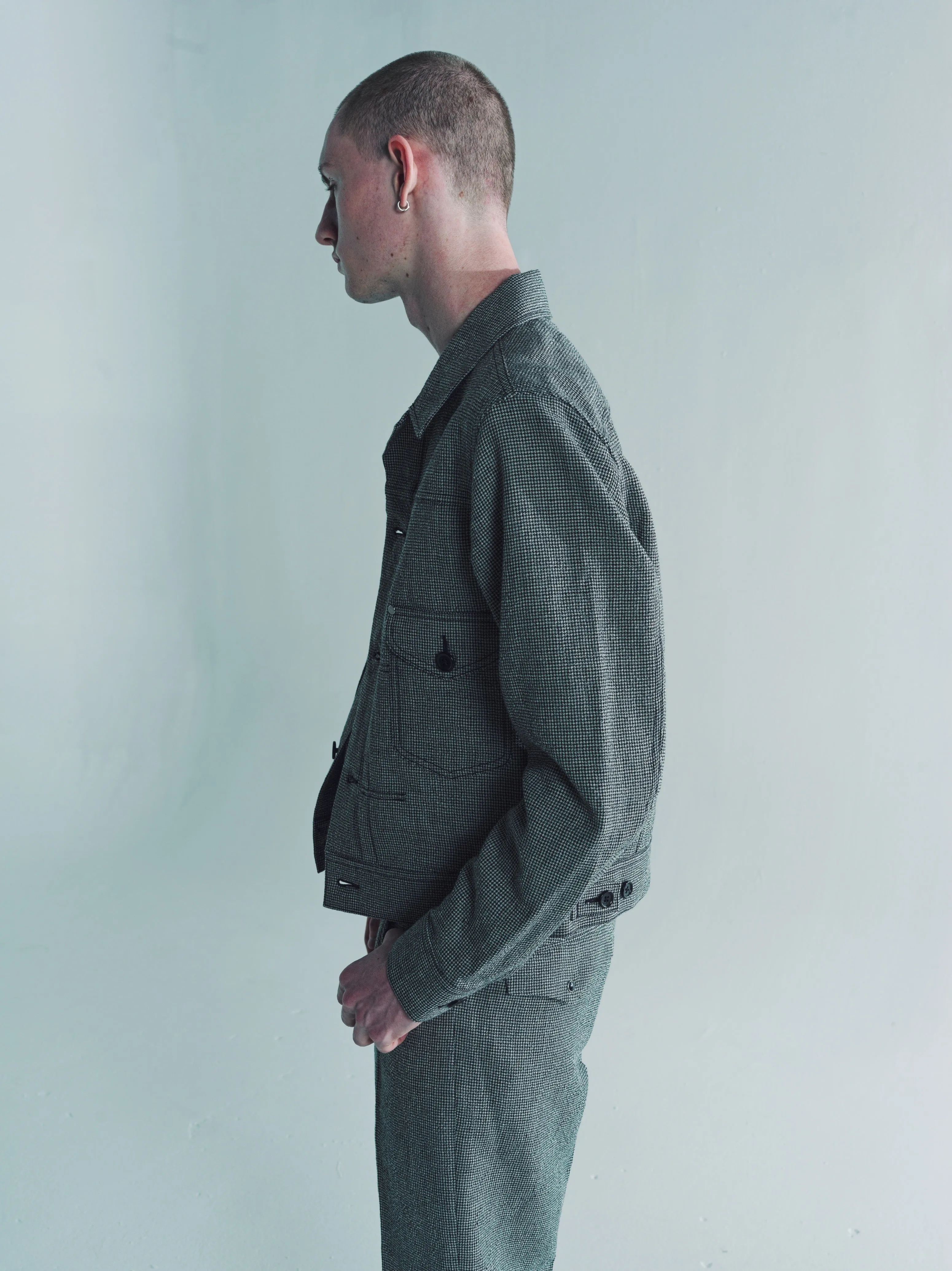 Black & Grey Wool Linen Houndstooth Cow Boy Jacket