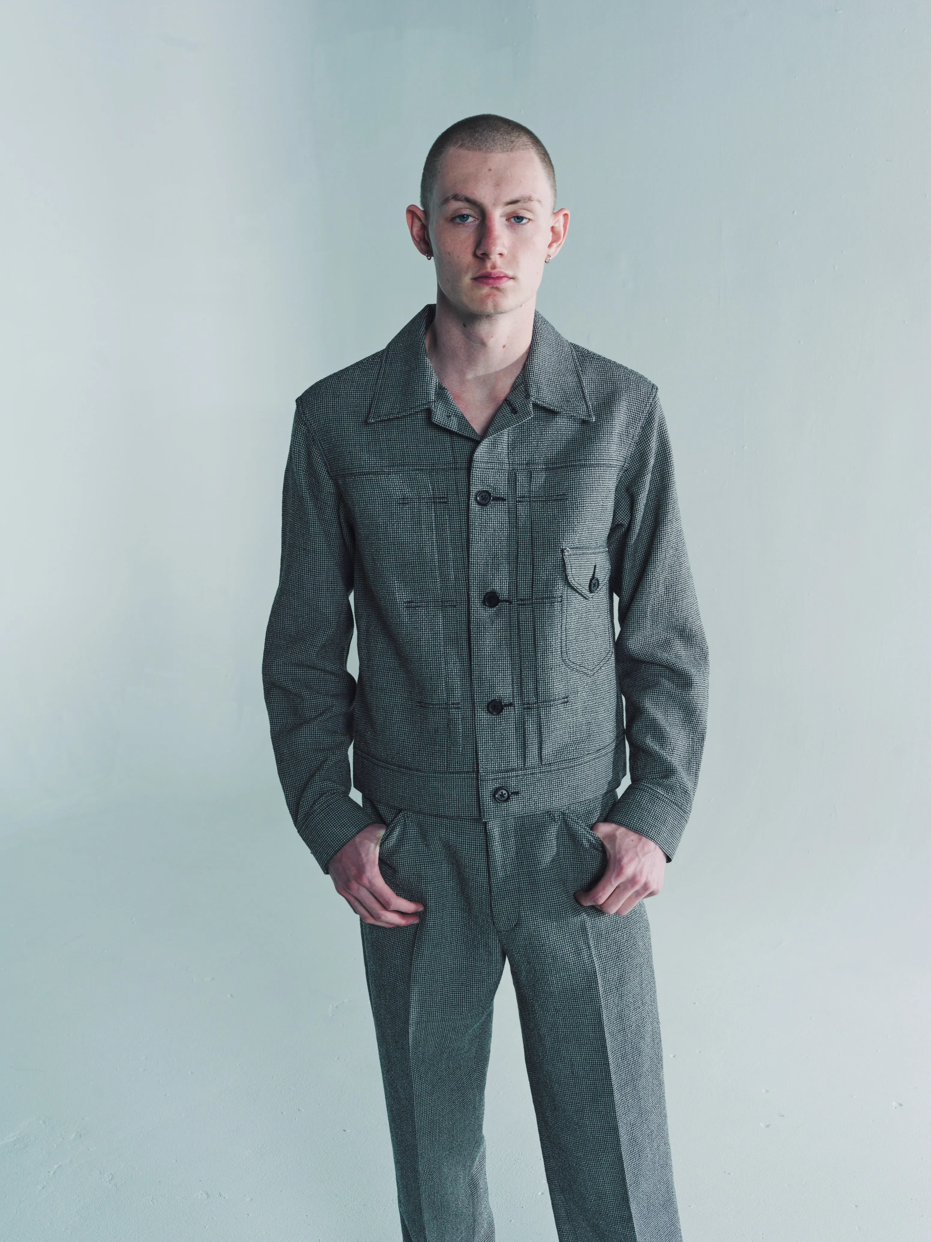 Black & Grey Wool Linen Houndstooth Cow Boy Jacket