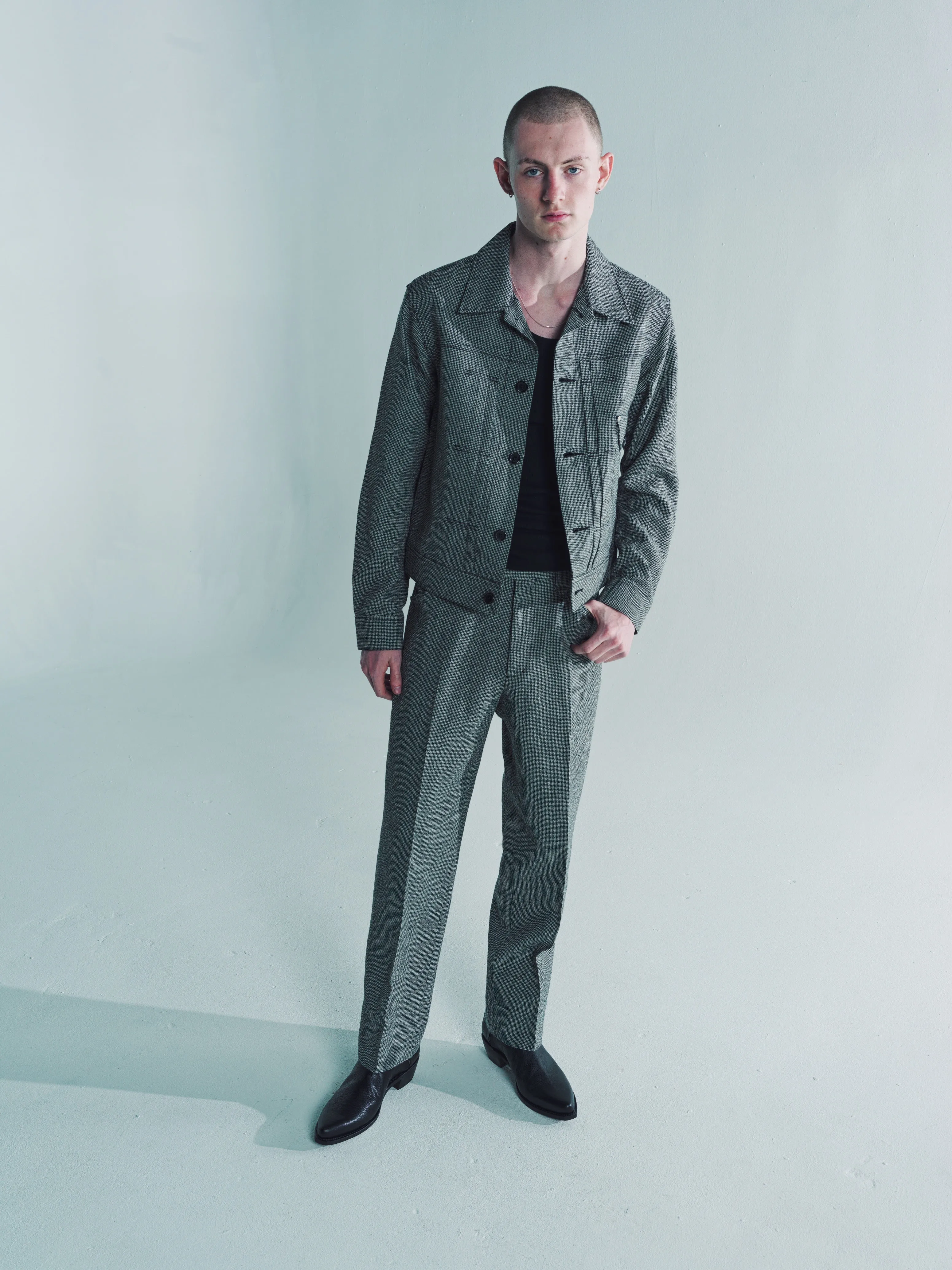 Black & Grey Wool Linen Houndstooth Cow Boy Jacket