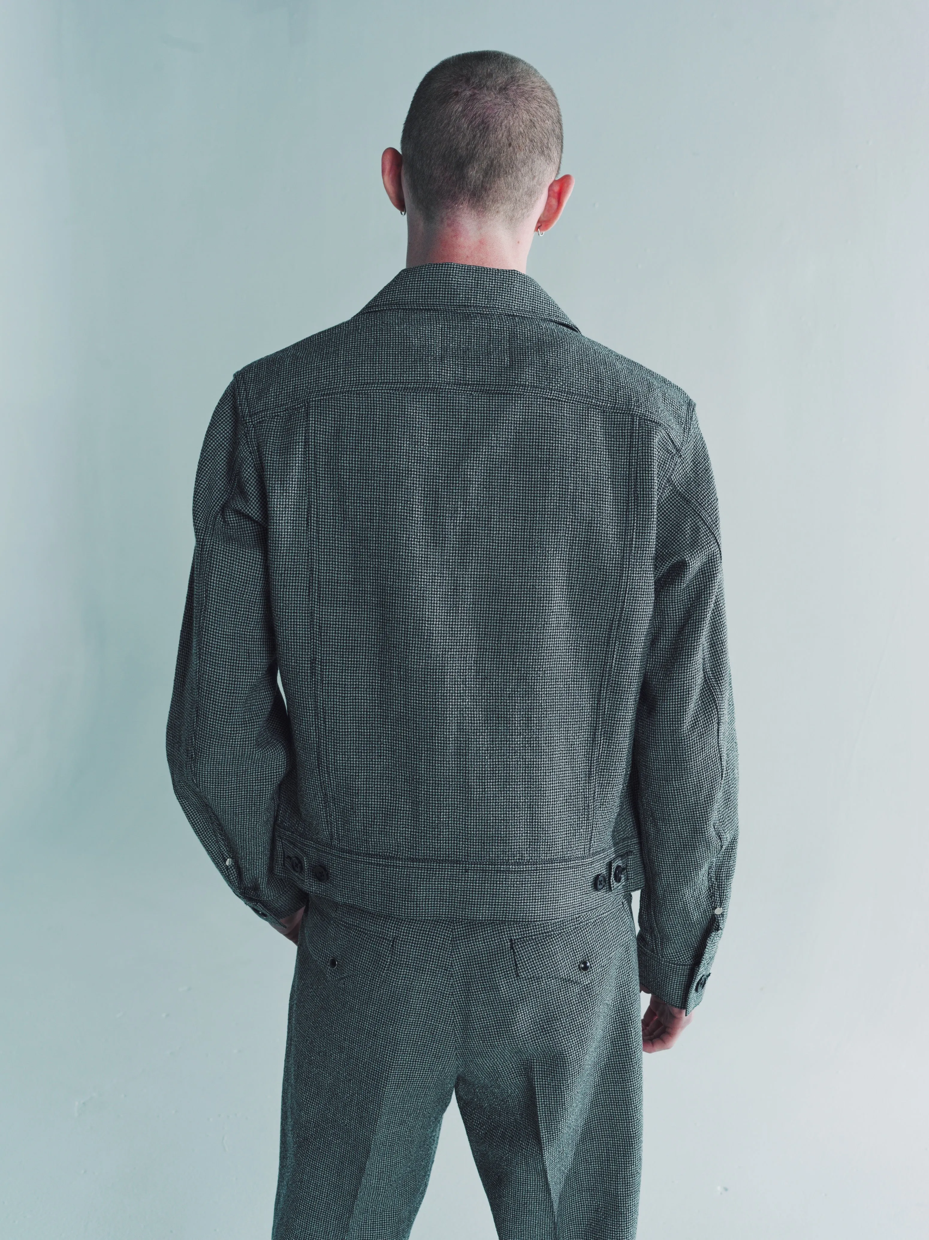 Black & Grey Wool Linen Houndstooth Cow Boy Jacket