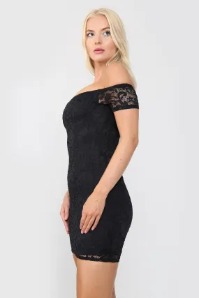 Black Bardot Neck Lace Bodycon Mini Dress