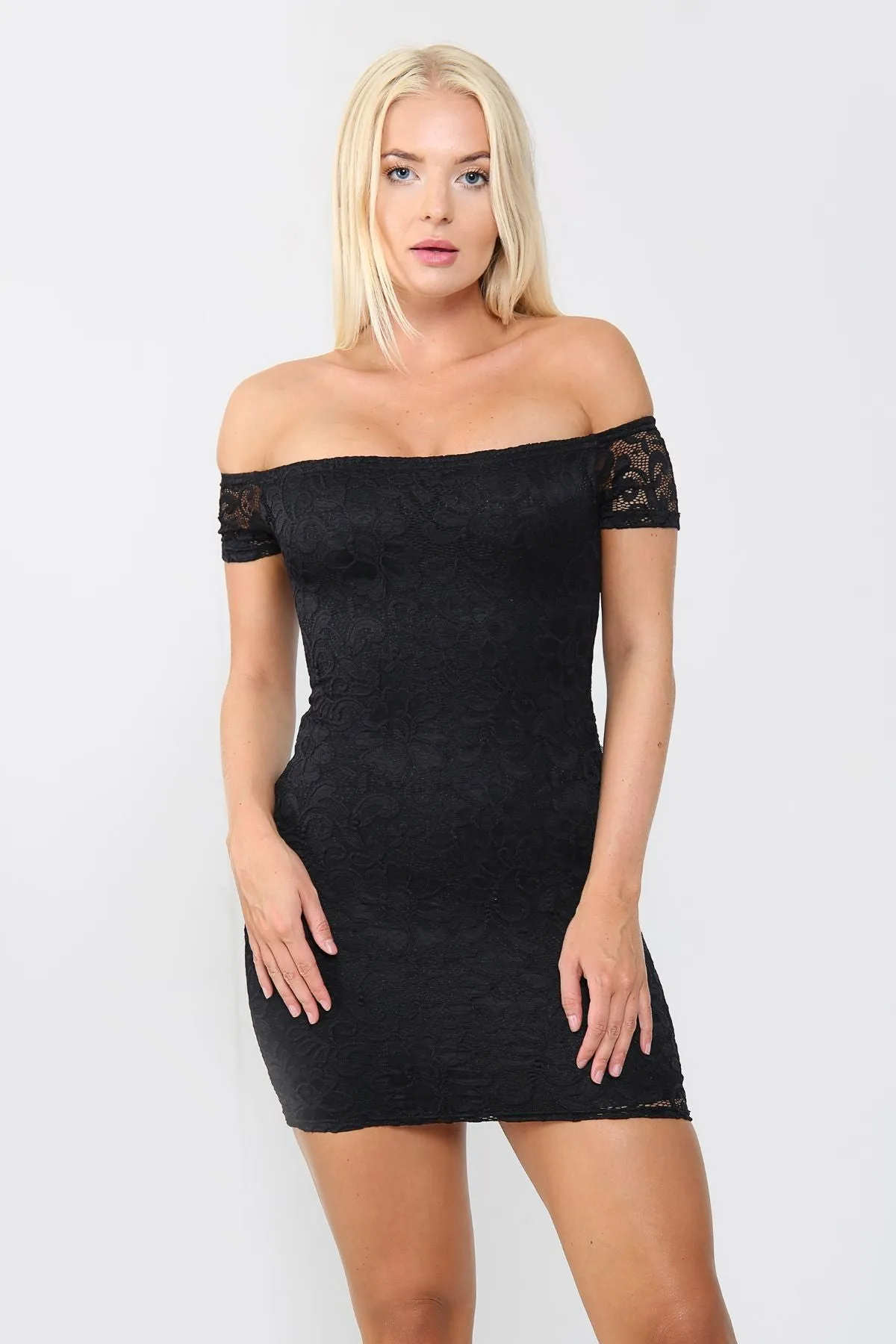 Black Bardot Neck Lace Bodycon Mini Dress