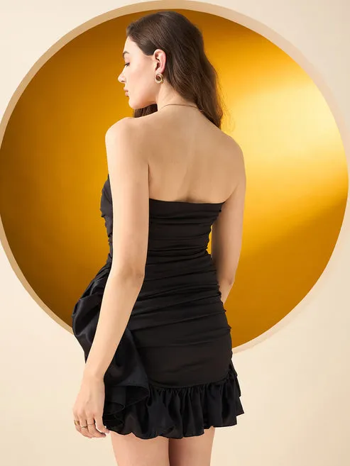 Black Strapless Bodycon Mini Dress with Flounce Hem