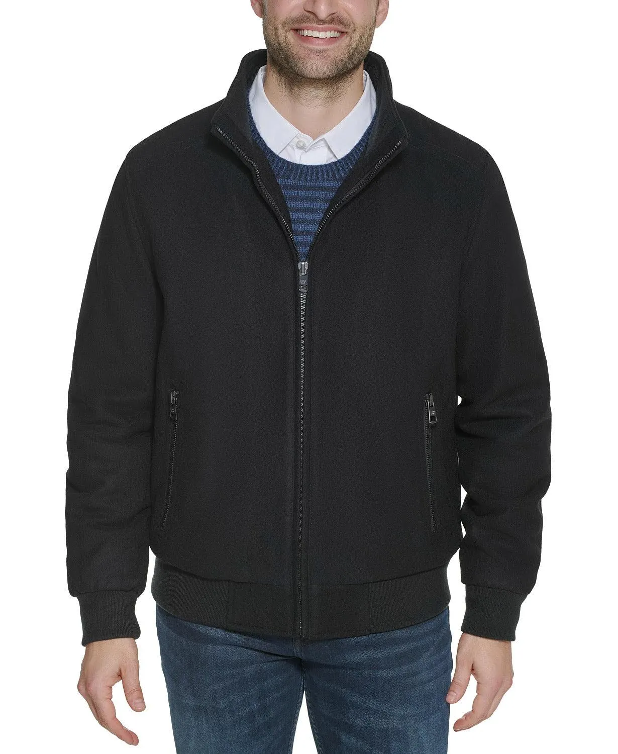 Calvin Klein Men's Wool Bomber Jacket With Knit Trim Black Large