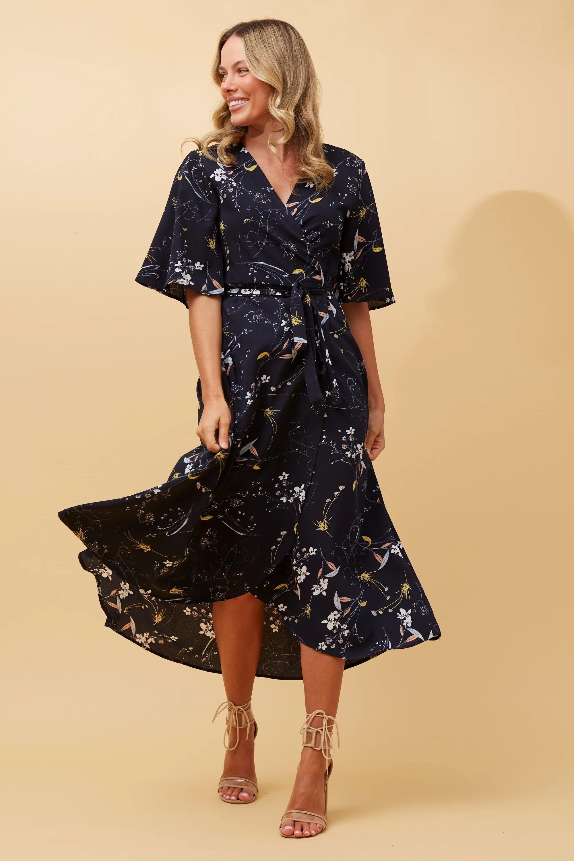 Caroline K Morgan Short Sleeve Floral Print Hi Low Hem Wrap Dress Navy Floral