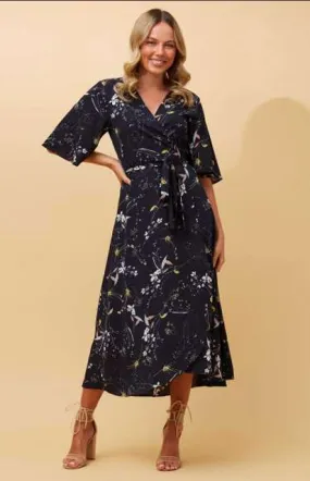 Caroline K Morgan Short Sleeve Floral Print Hi Low Hem Wrap Dress Navy Floral