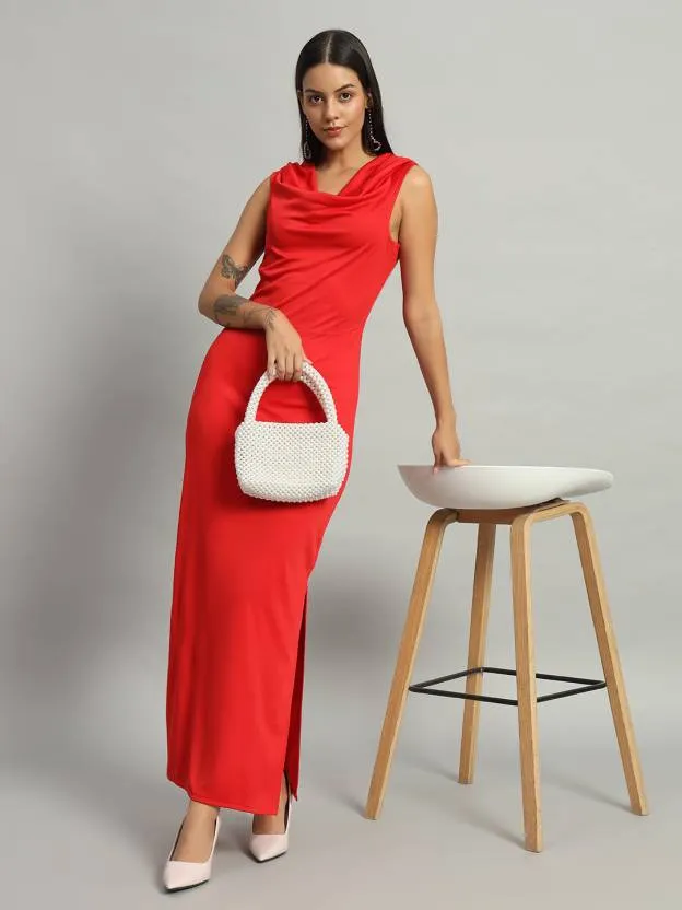 Cowl Neck Red Solid Bodycon Dress