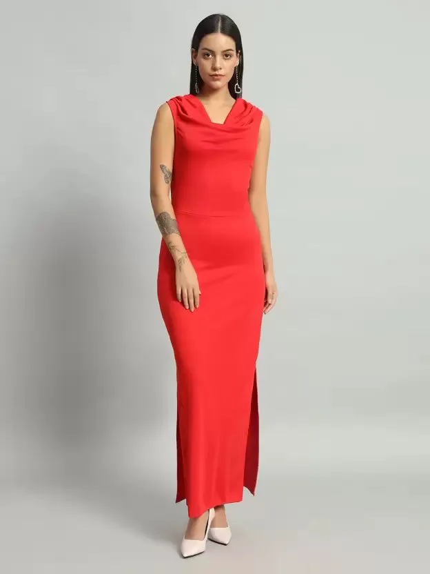 Cowl Neck Red Solid Bodycon Dress