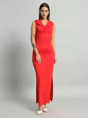Cowl Neck Red Solid Bodycon Dress