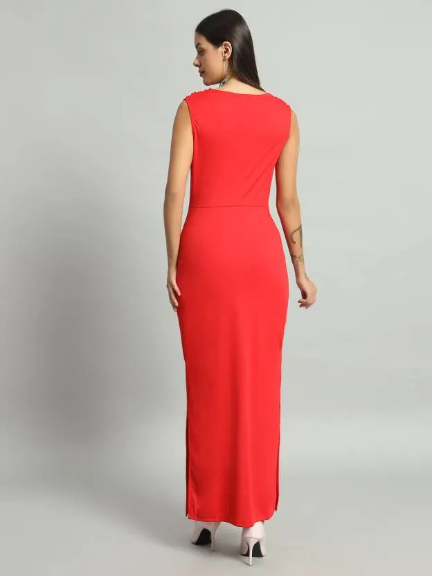 Cowl Neck Red Solid Bodycon Dress