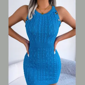 Decorative Button Sleeveless Cable-Knit Dress