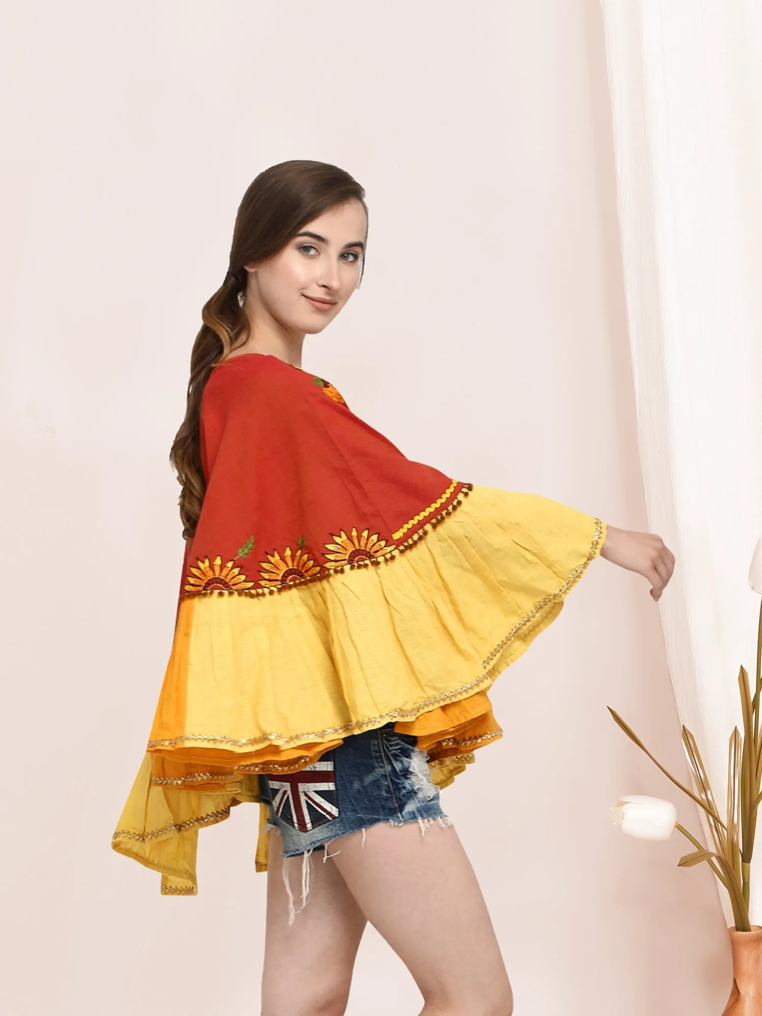 Deep red and yellow Traditional Khadi Poncho