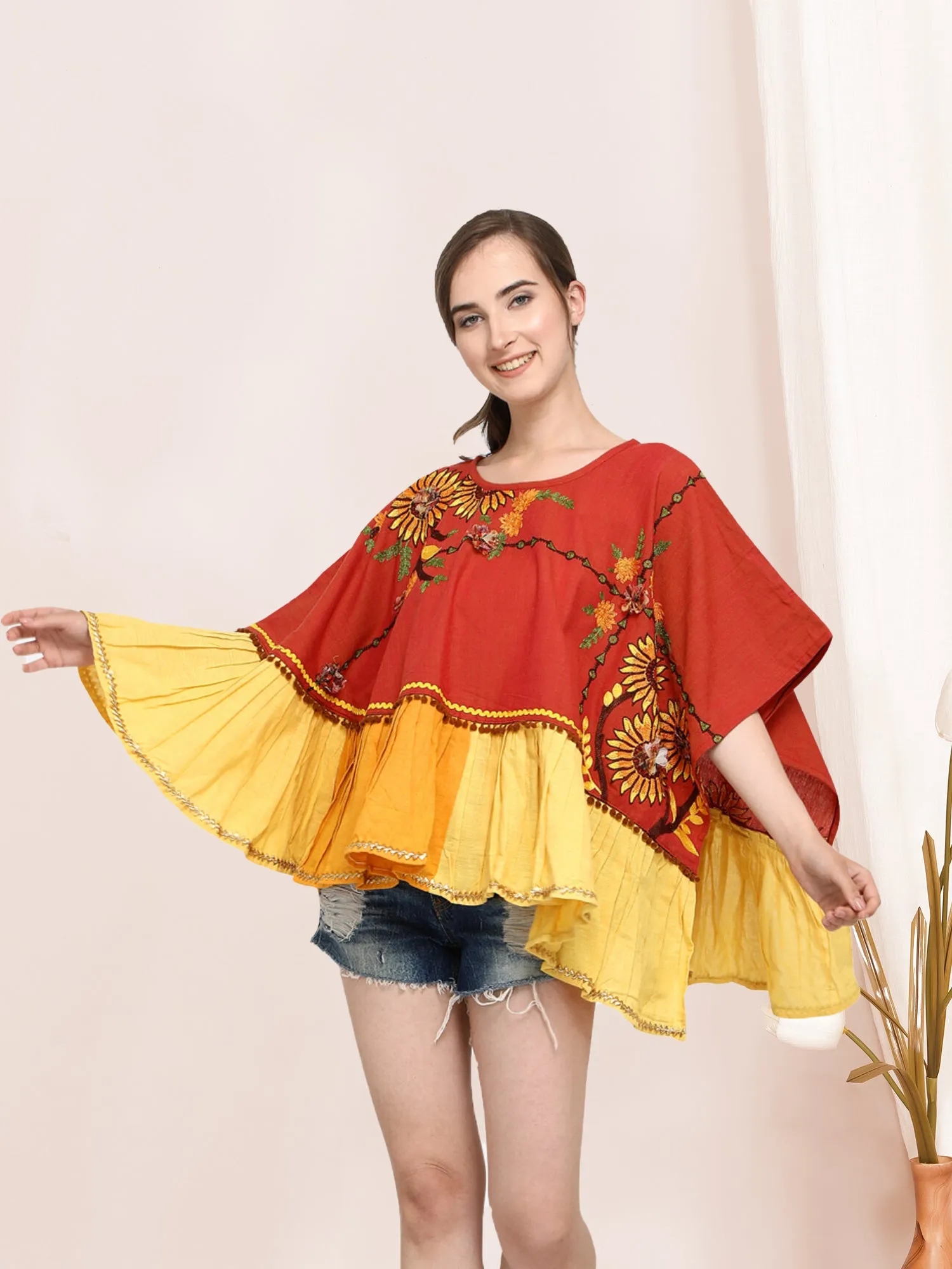 Deep red and yellow Traditional Khadi Poncho