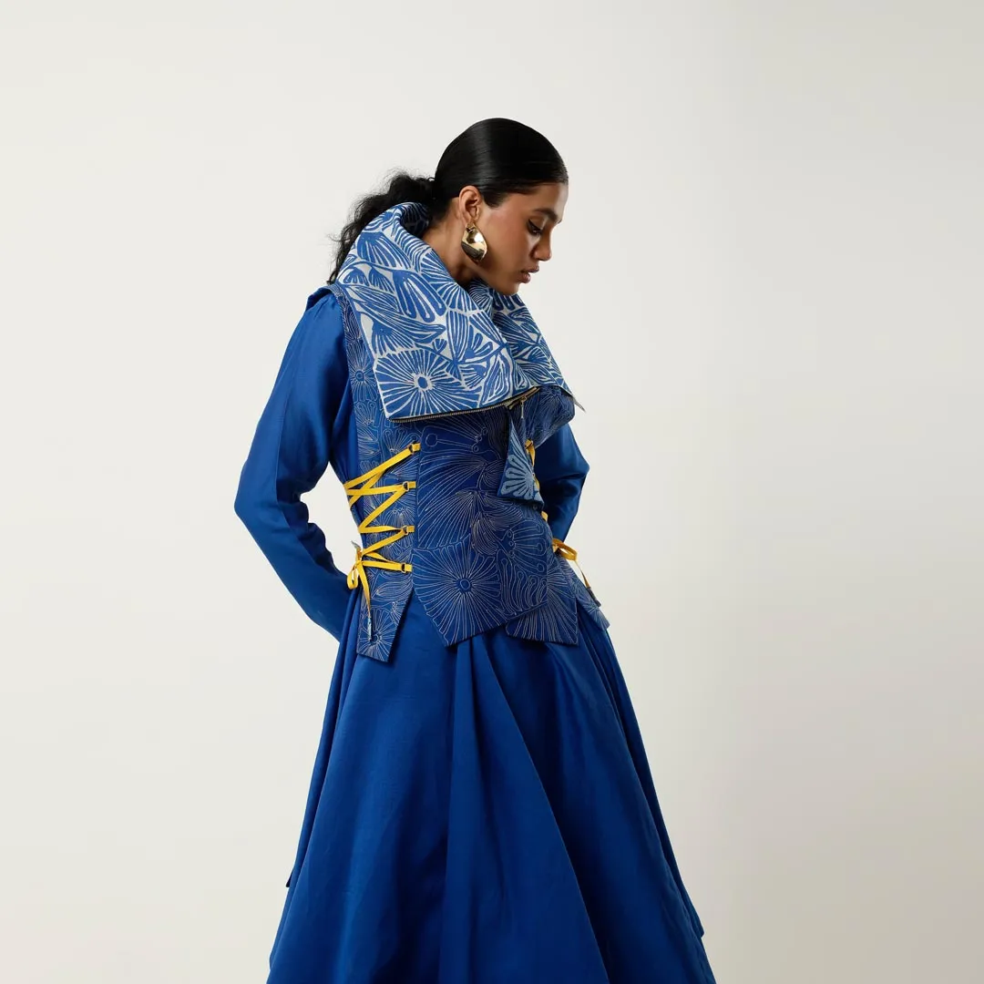 DRAPED COLLAR TIE UP JACKET WITH ASSYMTRICAL CHANDERI INNER AND PANTS