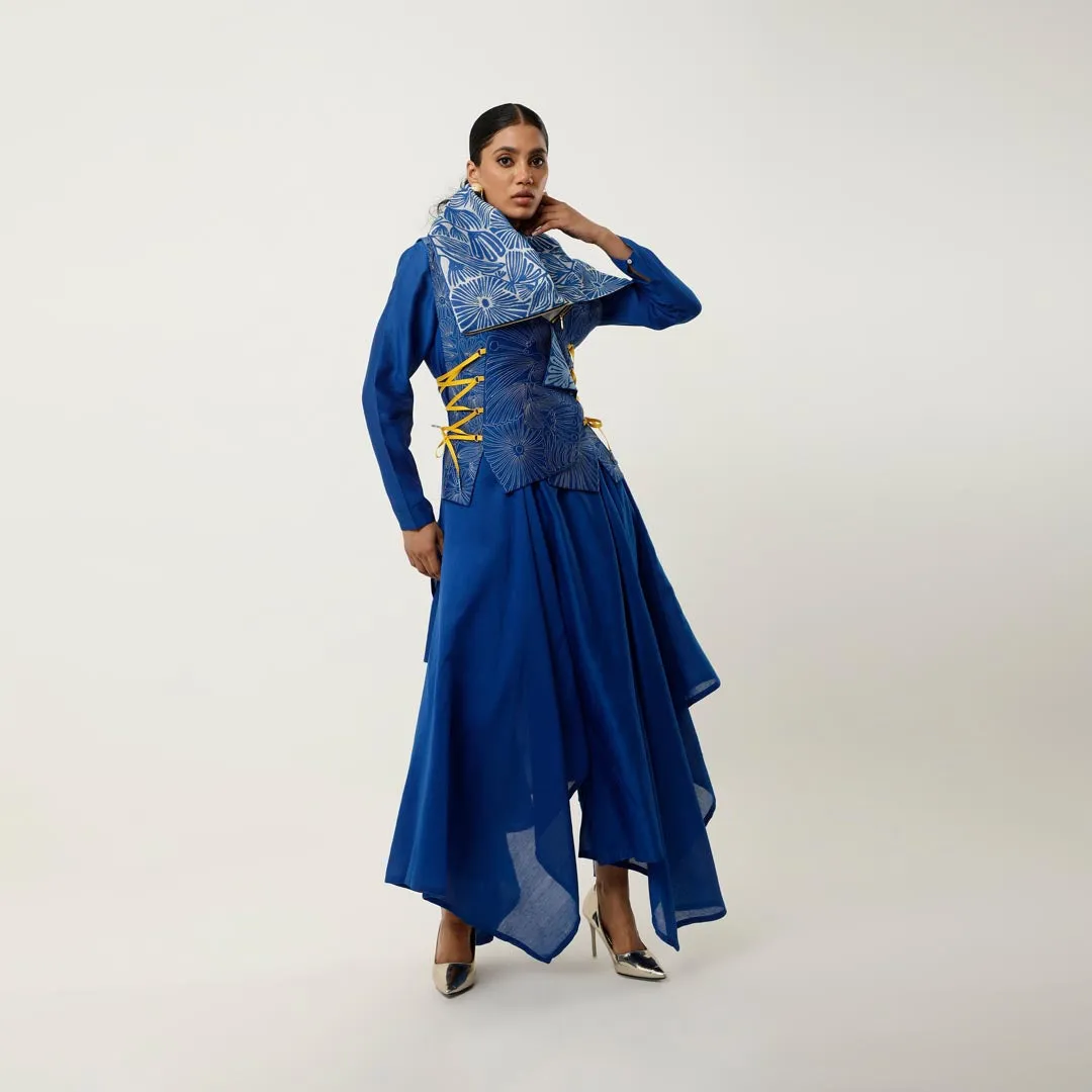 DRAPED COLLAR TIE UP JACKET WITH ASSYMTRICAL CHANDERI INNER AND PANTS