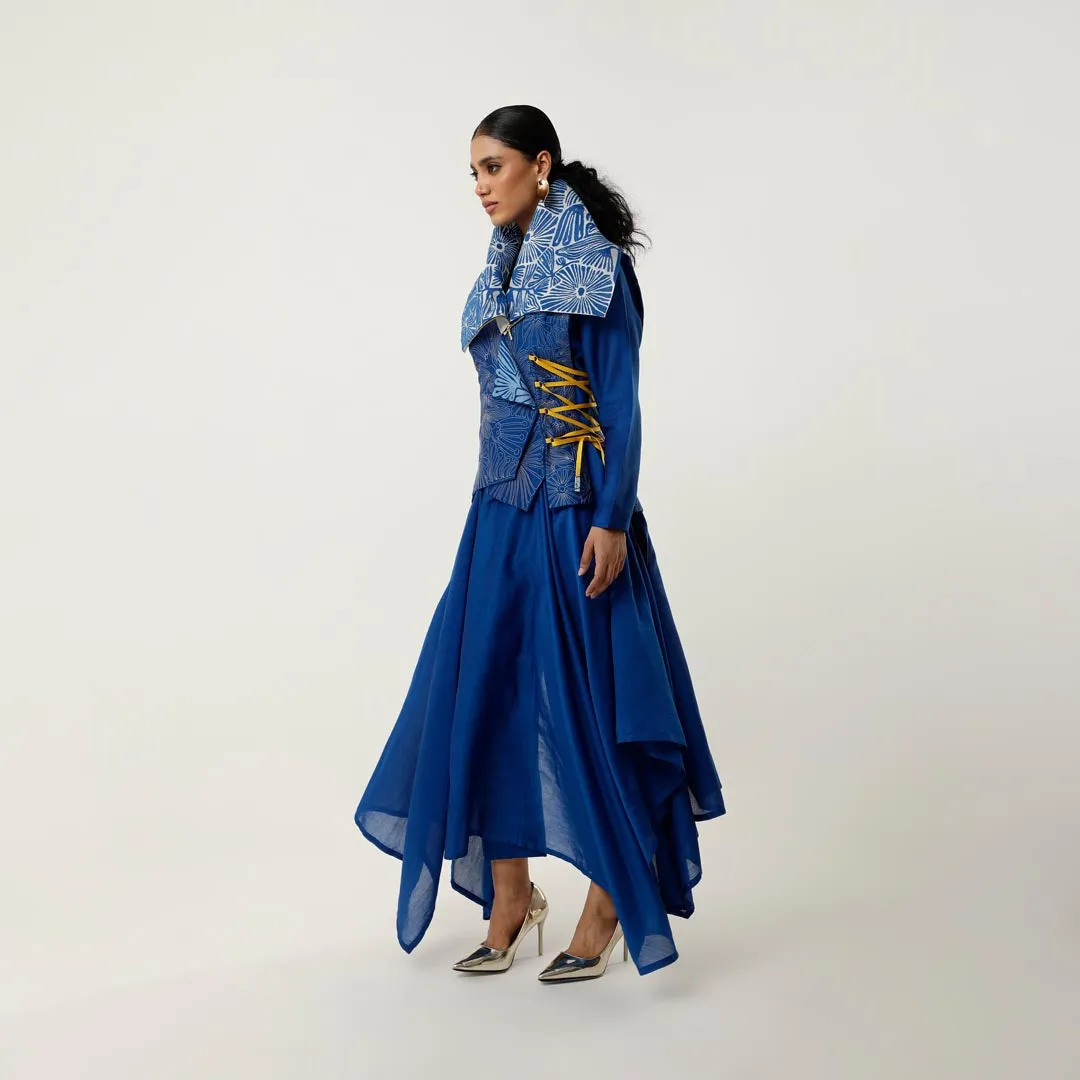 DRAPED COLLAR TIE UP JACKET WITH ASSYMTRICAL CHANDERI INNER AND PANTS