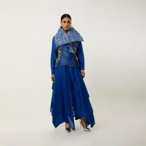 DRAPED COLLAR TIE UP JACKET WITH ASSYMTRICAL CHANDERI INNER AND PANTS