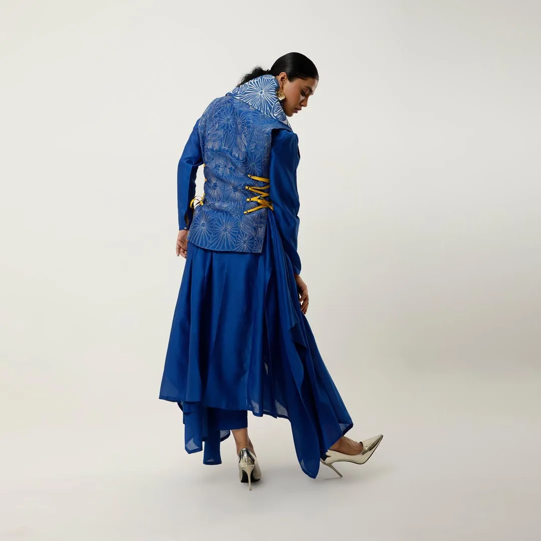 DRAPED COLLAR TIE UP JACKET WITH ASSYMTRICAL CHANDERI INNER AND PANTS