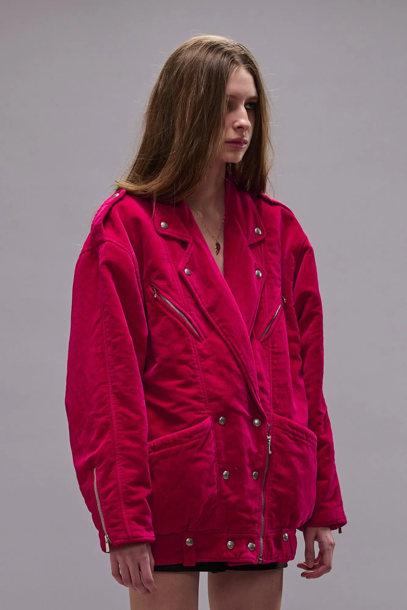 ELONGATED MOTORCYCLE JACKET - RASPBERRY VELVET
