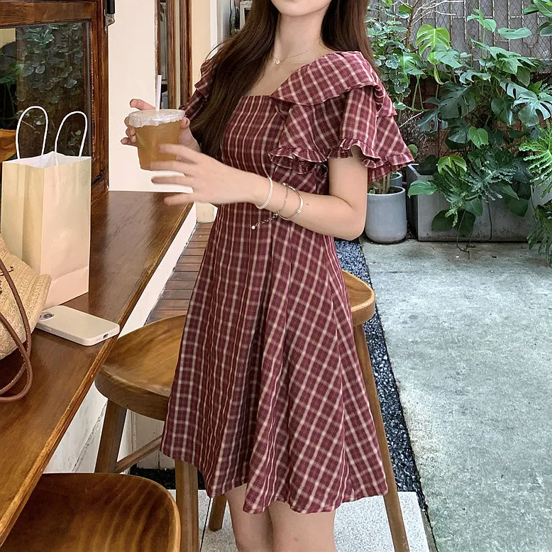 Falbala Plaid Waist Slim Off Shoulder Dress