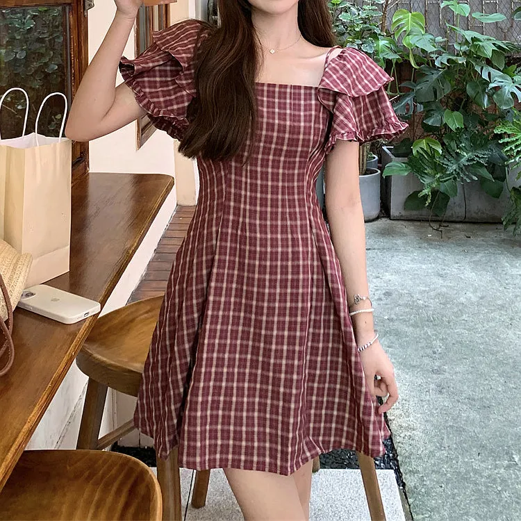 Falbala Plaid Waist Slim Off Shoulder Dress