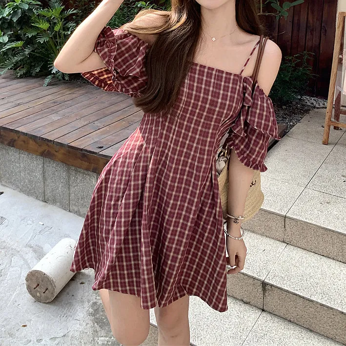 Falbala Plaid Waist Slim Off Shoulder Dress