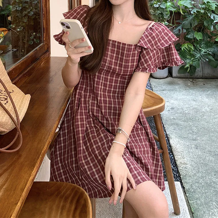 Falbala Plaid Waist Slim Off Shoulder Dress