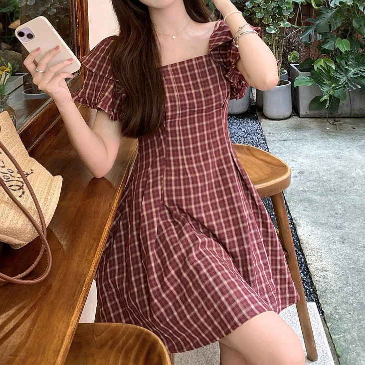 Falbala Plaid Waist Slim Off Shoulder Dress