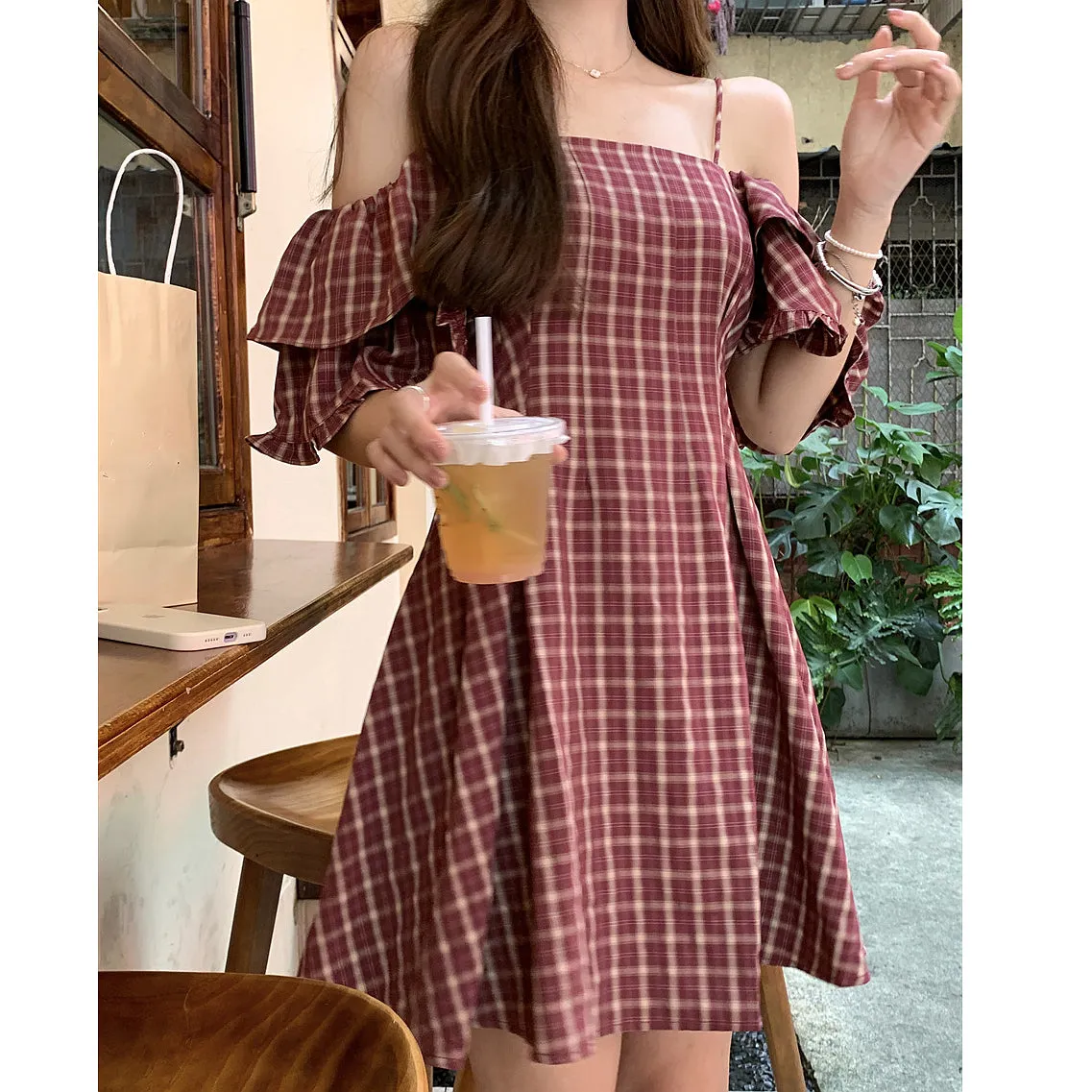 Falbala Plaid Waist Slim Off Shoulder Dress