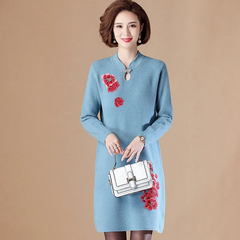Floral Embroidery Key Hole Neck Long Sleeve Knee Length A-line Knit Dress