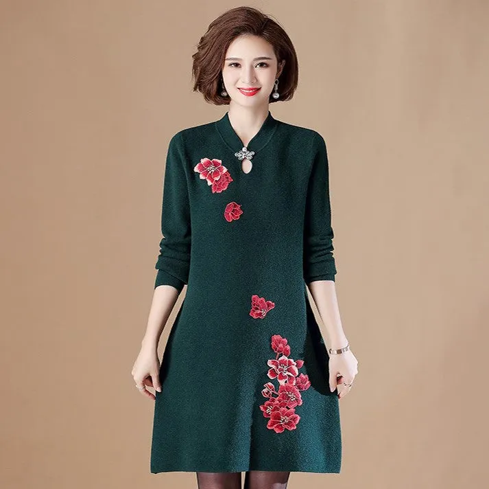 Floral Embroidery Key Hole Neck Long Sleeve Knee Length A-line Knit Dress