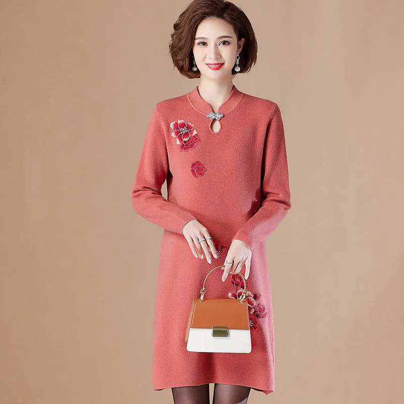 Floral Embroidery Key Hole Neck Long Sleeve Knee Length A-line Knit Dress