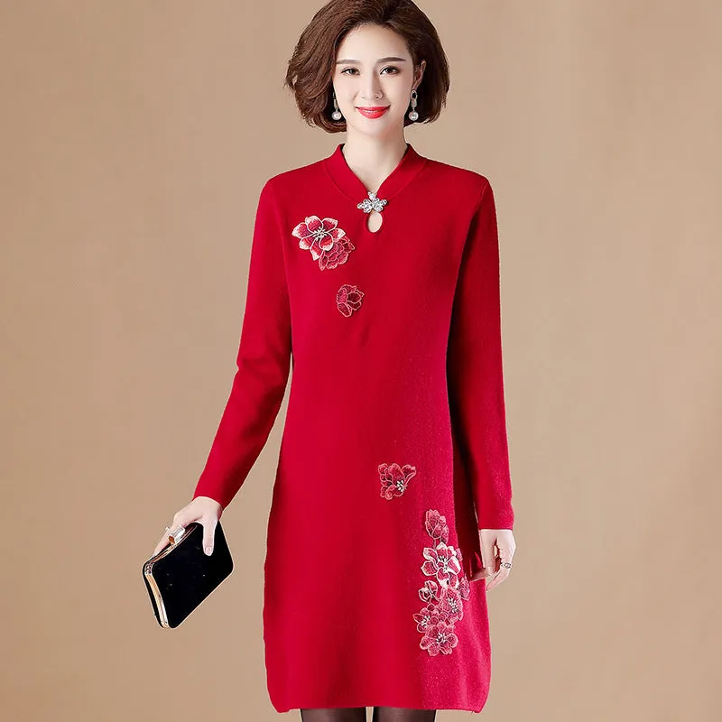 Floral Embroidery Key Hole Neck Long Sleeve Knee Length A-line Knit Dress
